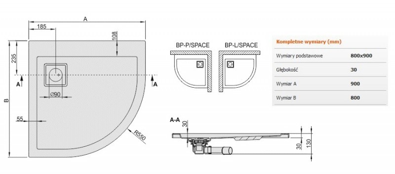 Sanplast Space Line BPP/SPACE brodzik półokrągły asymetryczny 80x90 prawy akryl biały 615110043001000
