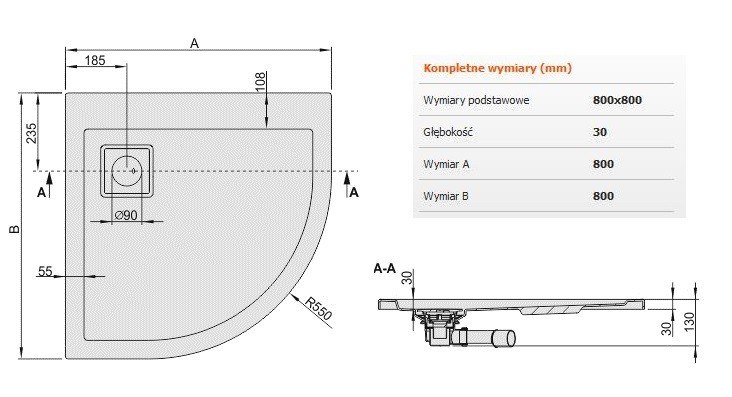 Sanplast Space Line BP/SPACE brodzik półokrągły 80x80 akryl biały 615110032001000