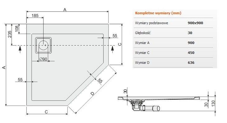 Sanplast Space Line BPK/SPACE brodzik pięciokątny 90x90 akryl biały 615110053001000