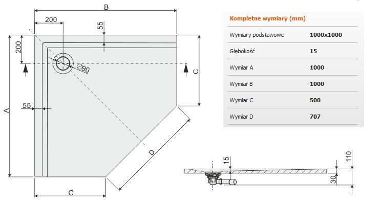Sanplast Space Mineral BPKM/SPACE brodzik pięciokątny płaski 100x100 biały 645290084001000