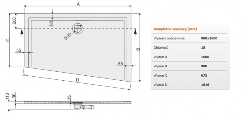 Sanplast Space Mineral BTPM/SPACE brodzik trapezowy asymetryczny prawy płaski 90x160 biały 645290159001000