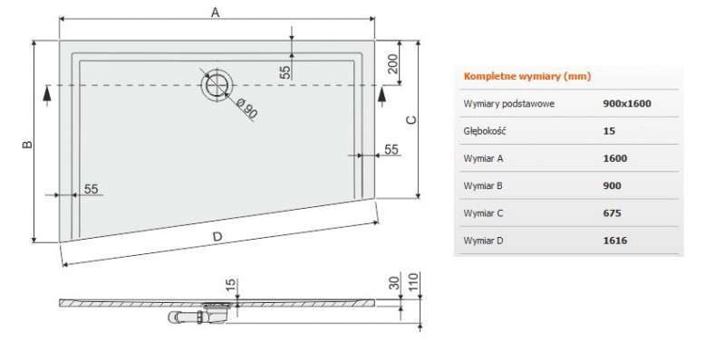 Sanplast Space Mineral BTLM/SPACE brodzik trapezowy asymetryczny lewy płaski 90x160 biały 645290158001000