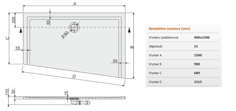 Sanplast Space Mineral BTPM/SPACE brodzik trapezowy asymetryczny prawy płaski 90x150 biały 645290157001000