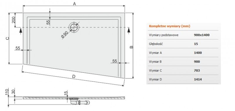 Sanplast Space Mineral BTPM/SPACE brodzik trapezowy asymetryczny prawy płaski 90x140 biały 645290155001000