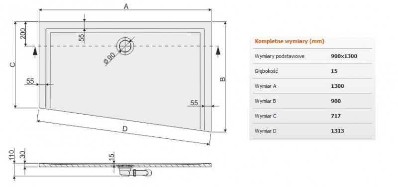 Sanplast Space Mineral BTPM/SPACE brodzik trapezowy asymetryczny prawy płaski 90x130 biały 645290153001000