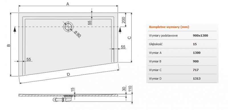 Sanplast Space Mineral BTLM/SPACE brodzik trapezowy asymetryczny lewy płaski 90x130 biały 645290152001000