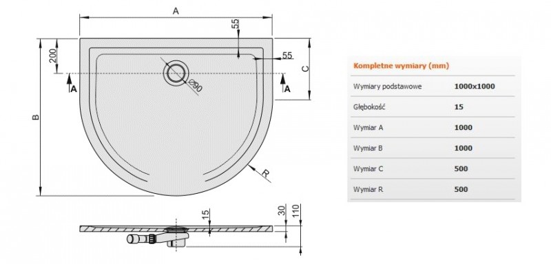 Sanplast Space Mineral BPPM/SPACE brodzik półokrągły przyścienny płaski 100x100 biały 645290046001000