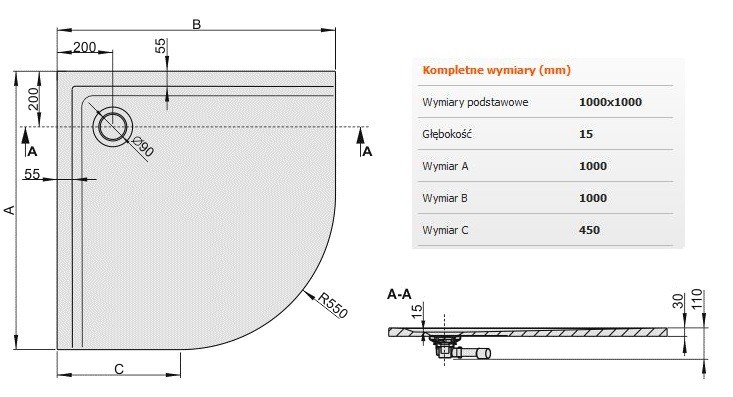 Sanplast Space Mineral BPM/SPACE brodzik półokrągły płaski 100x100 biały 645290044001000