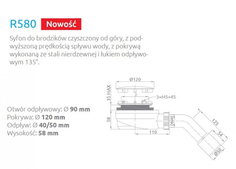 Radaway R580 syfon brodzikowy 90 z podwyższonym przepływem chrom niski 5,8 cm