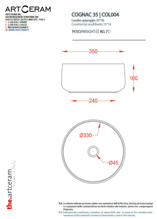 Artceram Cognac umywalka stawiana na blat 35x35 cm biały COL004