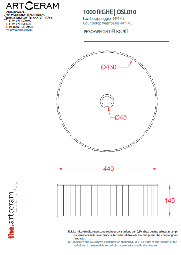 Artceram Millerighe umywalka stawiana na blat 44x44 cm biały OSL010