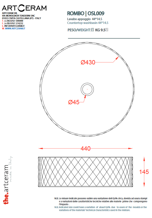 Artceram Rombo umywalka stawiana na blat 45x45 cm biały OSL009