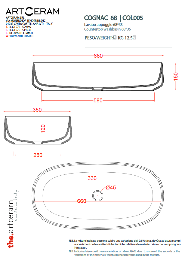 Artceram Cognac umywalka stawiana na blat 68x35 cm biały COL005