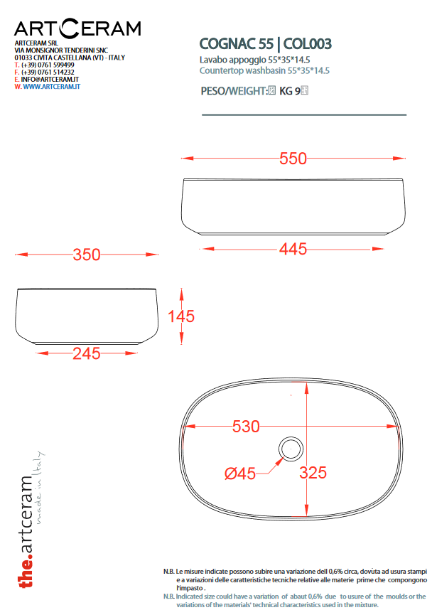 Artceram Cognac umywalka stawiana na blat 55x35 cm biały COL003