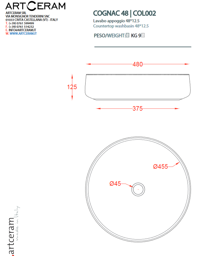 Artceram Cognac umywalka stawiana na blat 48x48 cm biały COL002