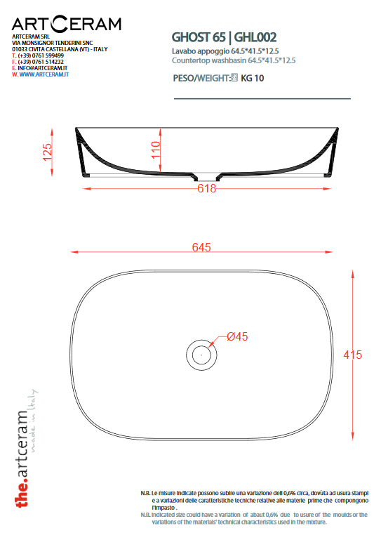 Artceram Ghost umywalka stawiana na blat 65x42 cm biały GHL002