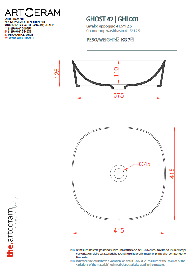 Artceram Ghost umywalka stawiana na blat 42x42 cm biały GHL001