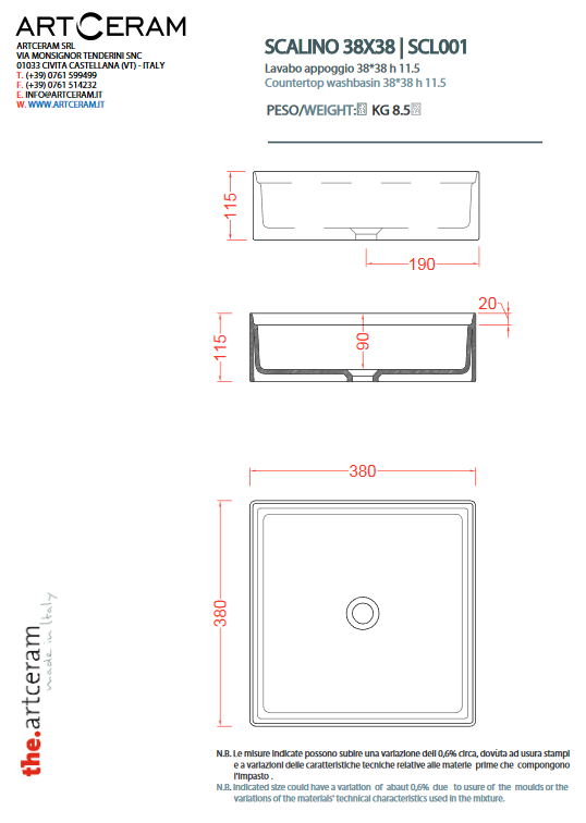 Artceram Scalino umywalka stawiana na blat 38x38 cm biały SCL001