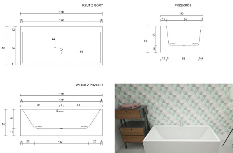 Cristalstone Linea Ideal wanna wolnostojąca z półką 170x80 cm biały matowy, satynowy mat W1700-WRT12