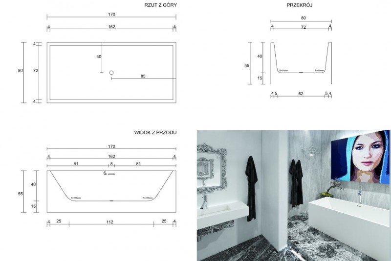 Cristalstone Linea Ideal wanna wolnostojąca 170x80 cm biały matowy, satynowy mat W1700-WRT4