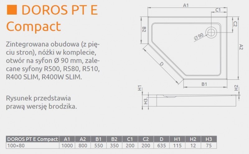 Radaway Doros PT E Compact brodzik pentagonalny asymetryczny 100x80 prawy ze zintegrowaną obudową SDRPTP1080-05R