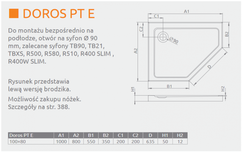 Radaway Doros PT E brodzik pentagonalny asymetryczny 100x80 lewy SDRPT1080-01L