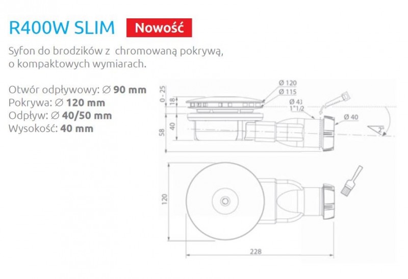 Radaway R400W SLIM syfon brodzikowy 90 chrom niski 4cm R400W SLIM