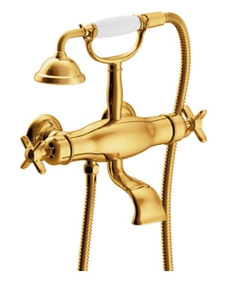 Tres Clasic termostatyczna bateria wannowa retro z zestawem natryskowym złoto polerowane 242.176.09.OR