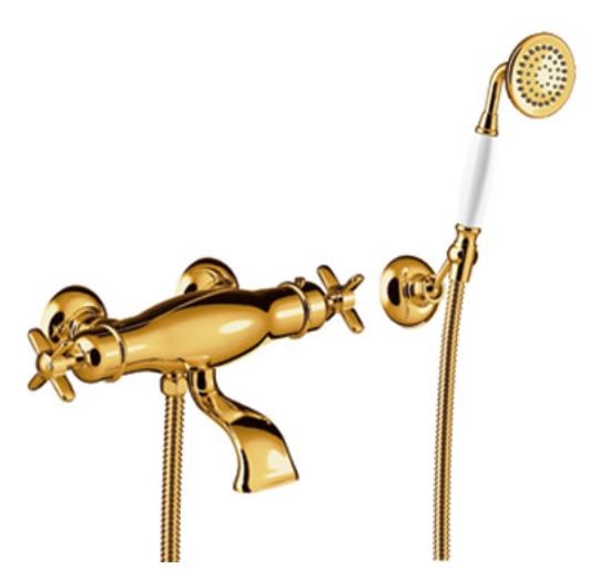 Tres Clasic termostatyczna bateria wannowa retro z zestawem natryskowym złoto polerowane 242.174.09.OR