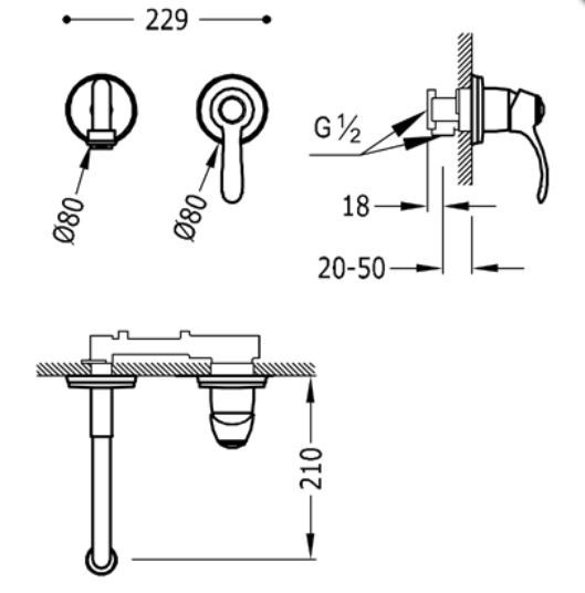Tres Clasic bateria umywalkowa podtynkowa wylewka 210 mm retro stal szczotkowana 242.200.01.AC