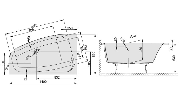 Sanplast Free Line WAL/FREE wanna asymetryczna lewa 140x85 biały 610040054001000