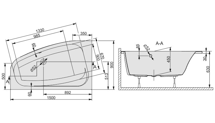 Sanplast Free Line WAL/FREE wanna asymetryczna lewa 150x90 biały 610040066001000