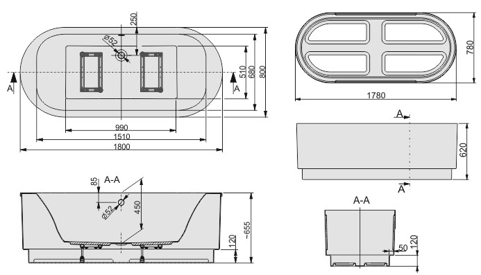 Sanplast Free Line WOWkpl/FREE wanna owalna z obudową i systemem przelewowoodpływowym 180x80 biały 610040118001000