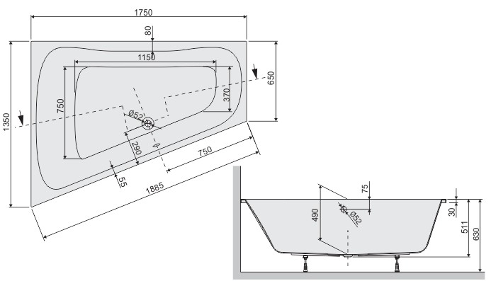 Sanplast Luxo WTL/LUXO wanna asymetryczna lewa 175x135 biały 610370045001000