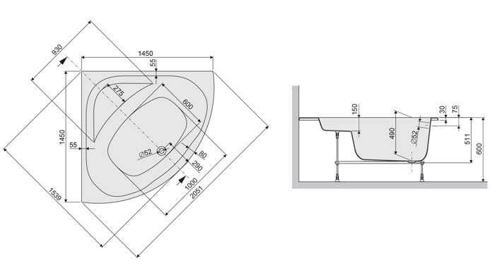 Sanplast Luxo WS/LUXO wanna narożna 145x145 biały 610370031001000