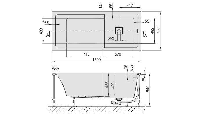 Sanplast Space Line WPsp/SPACE wanna prostokątna ze strefą prysznica z syfonem i stelażem 170x75 biały 610100018001000