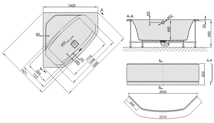 Sanplast Space Line WSkpl/SPACE wanna narożna z obudową, stelażem i syfonem 140x140 biały 610100075001000
