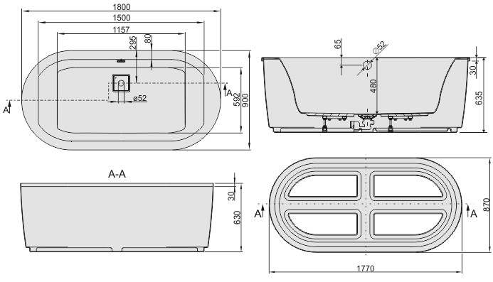 Sanplast Space Line WOWkpl/SPACE wanna owalna z obudową, stelażem i syfonem 180x90 biały 610100095001000