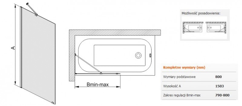 Sanplast Free Line PW1/FREE parawan wannowy stały 80 chrom przeźroczyste 600260052042401