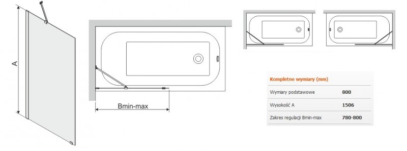 Sanplast Free Line II PW1/FREEII parawan wannowy stały 80 chrom przeźroczyste 600261052042401