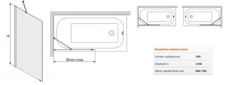 Sanplast Free Line II PW1/FREEII parawan wannowy stały 70 chrom przeźroczyste 600261050042401