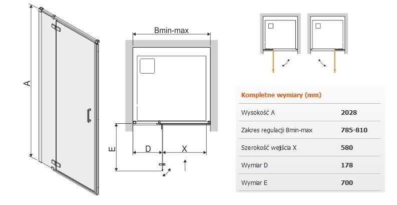 Sanplast Free Line II DJ2/FREEII drzwi skrzydłowe otwierane 80 chrom przeźroczyste 600261030042401