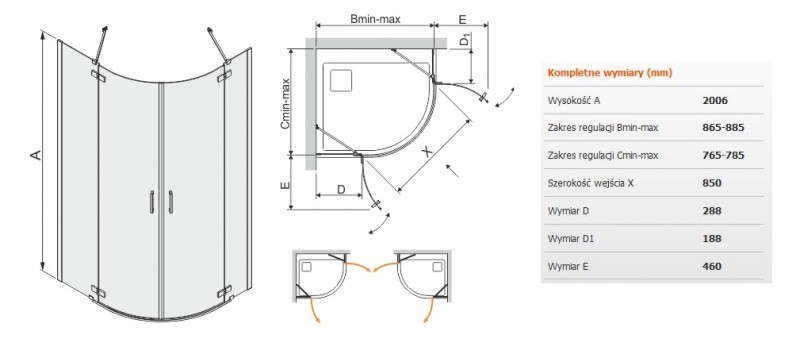 Sanplast Free Line II KP4/FREEII kabina półokrągła 90x80 drzwi otwierane chrom przeźroczysta 600261012042401
