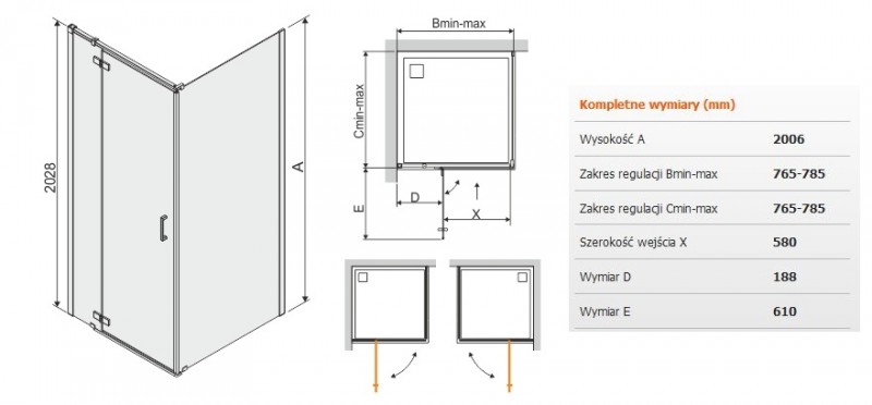 Sanplast Free Line II KNDJ2/FREEII kabina kwadratowa 80x80 drzwi otwierane + ścianka stała chrom przeźroczysta 600261060042401