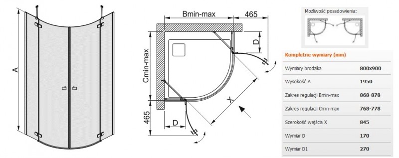 Sanplast Free Line KP4/FREE kabina półokrągła 90x80 drzwi otwierane chrom przeźroczysta 600260012142401