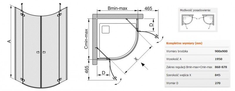 Sanplast Free Line KP4/FREE kabina półokrągła 90x90 drzwi otwierane chrom przeźroczysta 600260003142401