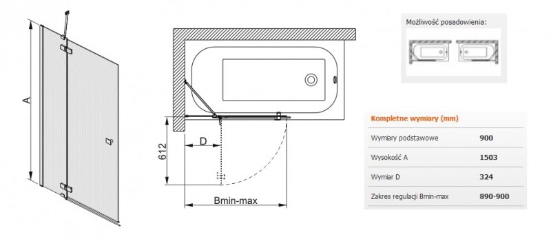 Sanplast Free Line PW2/FREE parawan wannowy ruchomy 2częściowy 90 chrom przeźroczyste 600260054042401