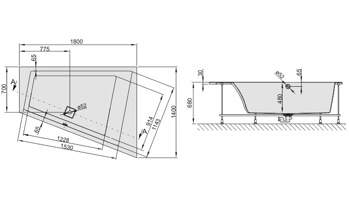 Sanplast Space Line WTP/SPACE wanna asymatryczna prawa ze stelażem i syfonem 180x140 biały 610100136001000
