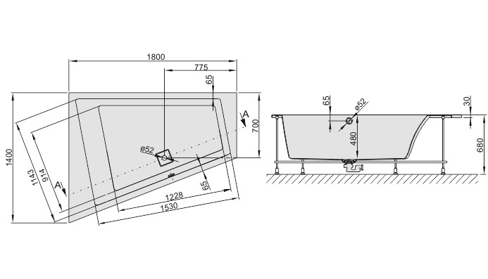 Sanplast Space Line WTL/SPACE wanna asymatryczna lewa ze stelażem i syfonem 180x140 biały 610100116001000