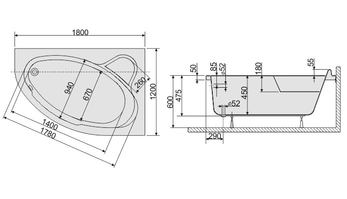 Sanplast Comfort WAP/CO wanna asymetryczna prawa 180x120 biały 610060055001000